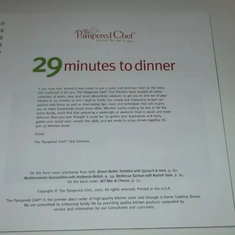 Cookbook Pampered Chef 29 Minutes to Dinner 2007 Softcover Cooking Recipe Book